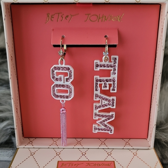 Betsey Johnson Pink 'Go Team' Dangle Earrings - Picture 1 of 6